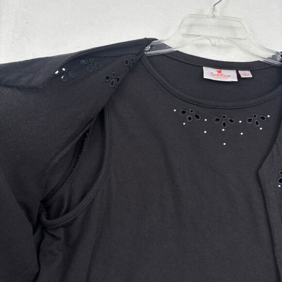 Quacker Factory Duet Knit Top Size L Black Eyelet Rhinestone 3/4 Sleeve Cotton - Picture 5 of 10